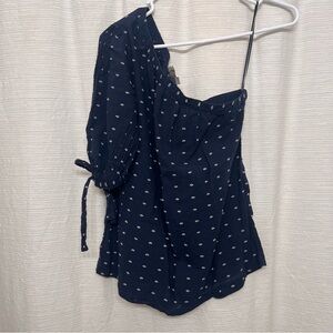 LOFT Navy Blue Eyelet Dot One-Shoulder Top